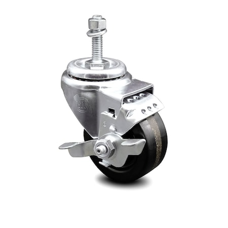 Service Caster 3.5 Inch Phenolic Wheel Swivel 3/8 Inch Threaded Stem Caster with Brake SCC SCC-TS20S3514-PHR-TLB-381615